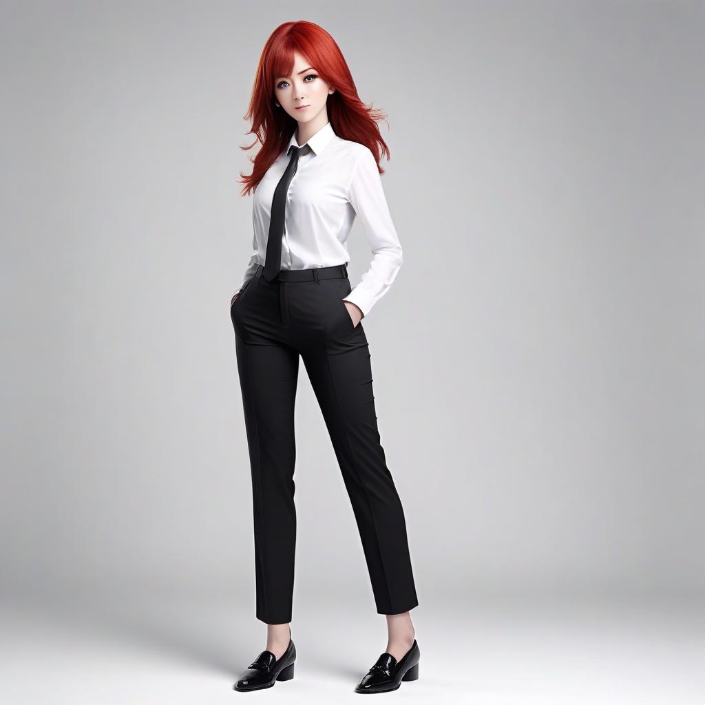  make me a man, an office worker, full length, red hair, white background, white shirt, black pants, black shoes