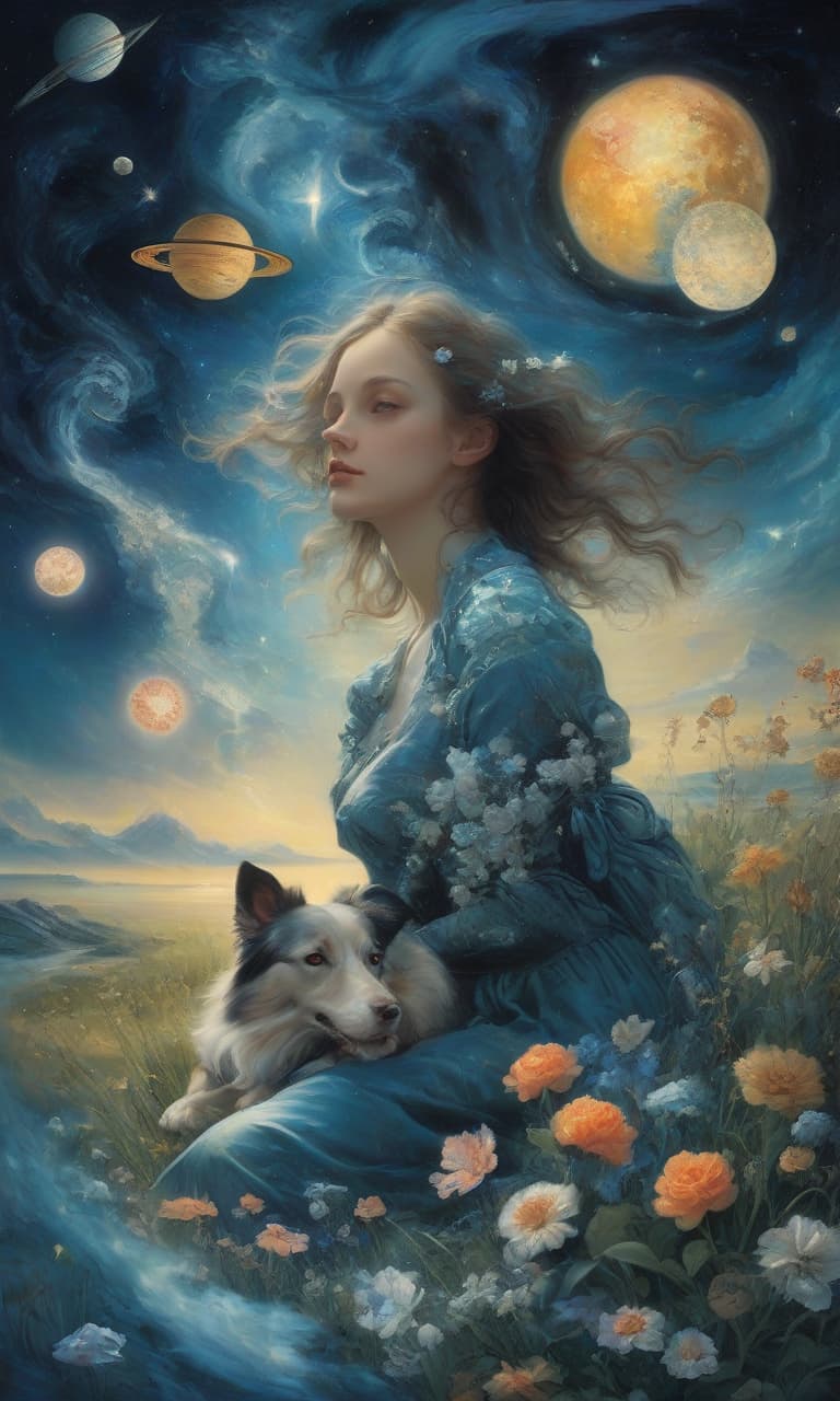  space themed digital art (double exposition: 1.3) a girl with a border collie dog, flowers, grass, blue sea around. the effect of magic, mysticism, fairy tales, surrounded by fantasy art, arabesque, glitter, surge of fantasy, unearthly light effects, an exciting palette of colors, extremely detailed, in high resolution 10k. surrealism, realism, fantasy, baroque, renaissance. imagination and skill. in the manner of julia dillon, van gogh, salvador dali, mickey asai, alphonse mucha, robert bateman, thomas kincaid, fragonard. . cosmic, celestial, stars, galaxies, nebulas, planets, science fiction, highly detailed