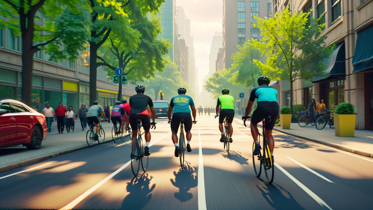  a vibrant cityscape showing diverse urban cyclists navigating through bustling streets, surrounded by modern architecture, greenery, bike lanes, and pedestrians, capturing the dynamic relationship between urban systems and cycling culture. hyperrealistic, full body, detailed clothing, highly detailed, cinematic lighting, stunningly beautiful, intricate, sharp focus, f/1. 8, 85mm, (centered image composition), (professionally color graded), ((bright soft diffused light)), volumetric fog, trending on instagram, trending on tumblr, HDR 4K, 8K