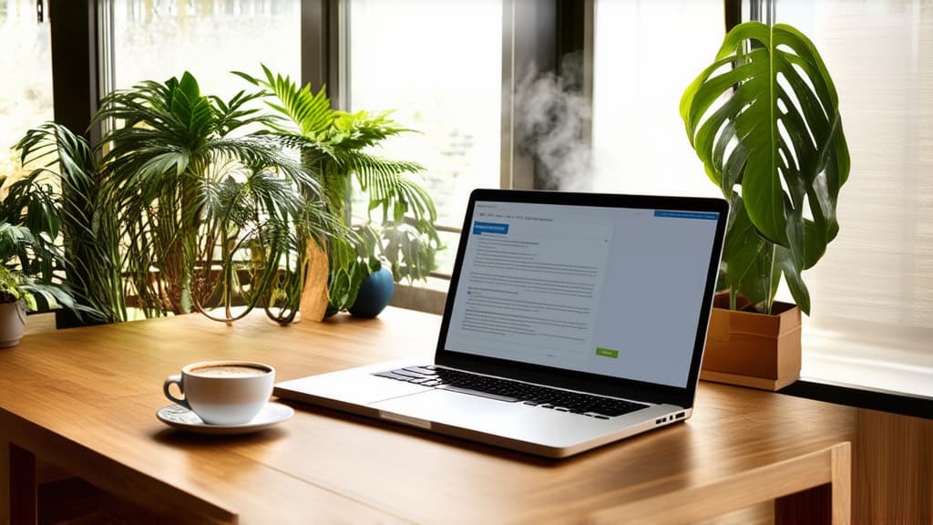  a cozy home office with a laptop on a wooden desk, a steaming cup of coffee beside it, natural light streaming through a large window, minimalistic decor, and green plants adding a touch of freshness ar 16:9 {prompt}, maximum details