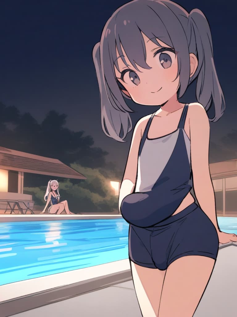  women's elementary students (male), twin tails, cute smiles, (rich s), short stature, dark blue swimwear, old swimwear, swimwear, simple, (upward), upward, (bulge), front, whole body, pool side ,,,