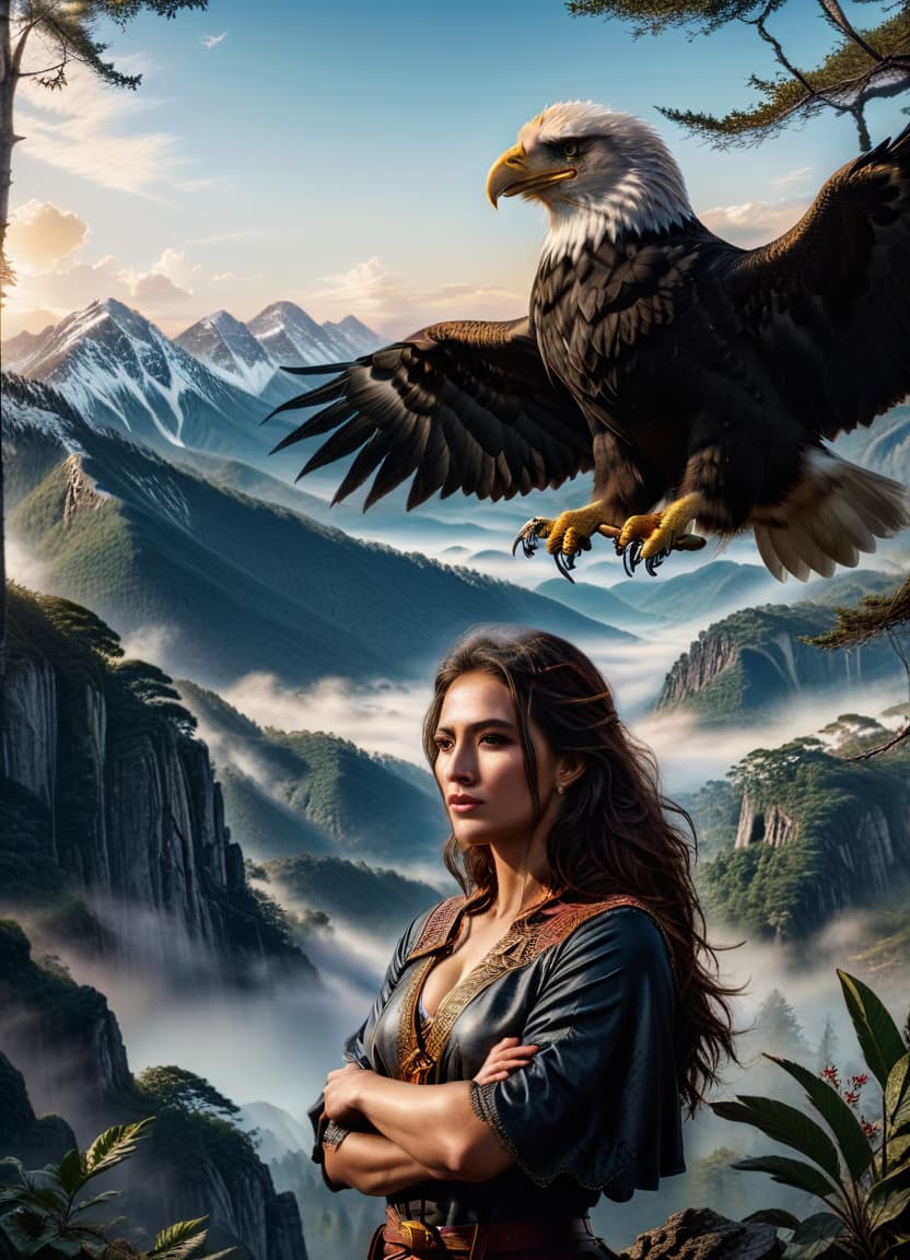  a captivating scene featuring a young woman with an eagle perched on her arm. the woman stands gracefully, dressed in rustic yet elegant attire that suggests a connection with nature. the eagle, majestic and powerful, sits calmly on her outstretched arm, its sharp eyes and detailed feathers depicted with precision. the background shows a serene natural setting, perhaps a forest or a mountainside, with the soft light of dawn or dusk adding a magical quality to the scene. the bond between the woman and the eagle is evident, evoking a sense of harmony and strength., civitai, hkmagic hyperrealistic, full body, detailed clothing, highly detailed, cinematic lighting, stunningly beautiful, intricate, sharp focus, f/1. 8, 85mm, (centered image composition), (professionally color graded), ((bright soft diffused light)), volumetric fog, trending on instagram, trending on tumblr, HDR 4K, 8K