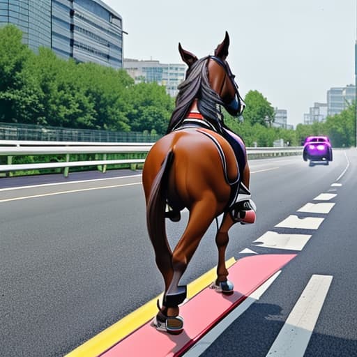  A horse driving a hover board on the road