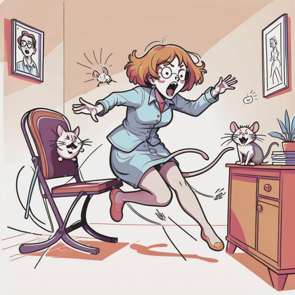  line art drawing a humorous illustration. a very frightened woman jumped onto a chair with her feet, which is being chased by a small mouse. a cat is laughing in the background. exaggerated facial expressions and movements, body language, bright colors, cartoon style. same nightmare. anime style . professional, sleek, modern, minimalist, graphic, line art, vector graphics