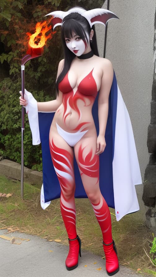  Full body red flame pattern body paint,silver body paint on the whole body, White face paint on the face, succubus 女性