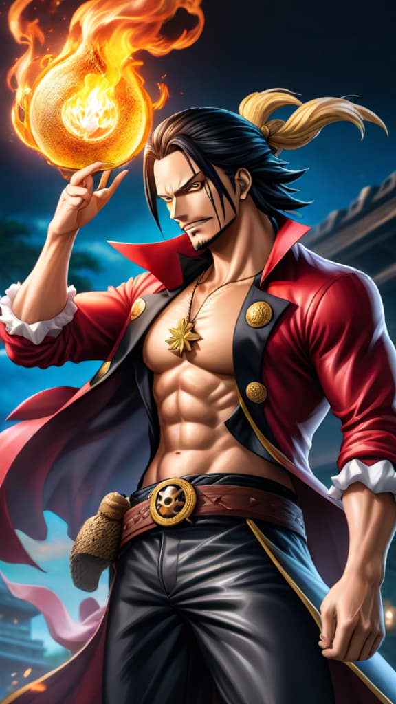  anime art: gol d. roger from one piece, speculated to rely on haki or possess devil fruit power. hyperrealistic, full body, detailed clothing, highly detailed, cinematic lighting, stunningly beautiful, intricate, sharp focus, f/1. 8, 85mm, (centered image composition), (professionally color graded), ((bright soft diffused light)), volumetric fog, trending on instagram, trending on tumblr, HDR 4K, 8K