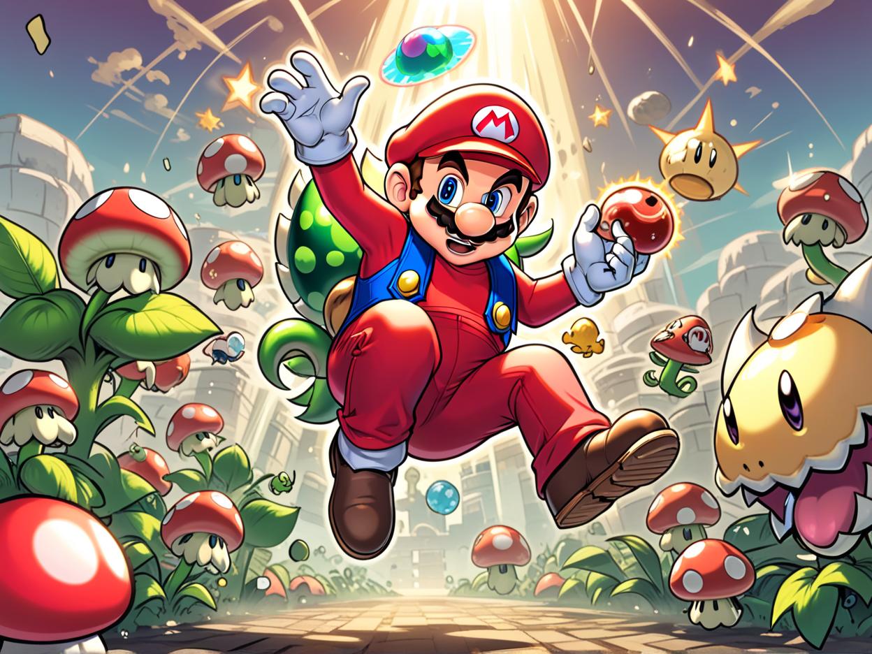  manga artwork generate a high quality image of super mario jumping over 2 piranha plants enemies from the official video game and one of them bites his shoe off as he grabs a super star and is in half way of turning into rainbow super star mario, with other half of his body still in his red clothes and normal wear. the setting should be level 1 of super mario brothers 2 video game.. manga artist. manga, highly emotional. best quality, high resolution