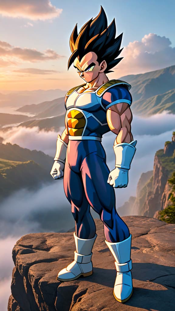  vegeta from dragon ball z standing on a cliff with determined eyes, aura glowing, anime art hyperrealistic, full body, detailed clothing, highly detailed, cinematic lighting, stunningly beautiful, intricate, sharp focus, f/1. 8, 85mm, (centered image composition), (professionally color graded), ((bright soft diffused light)), volumetric fog, trending on instagram, trending on tumblr, HDR 4K, 8K