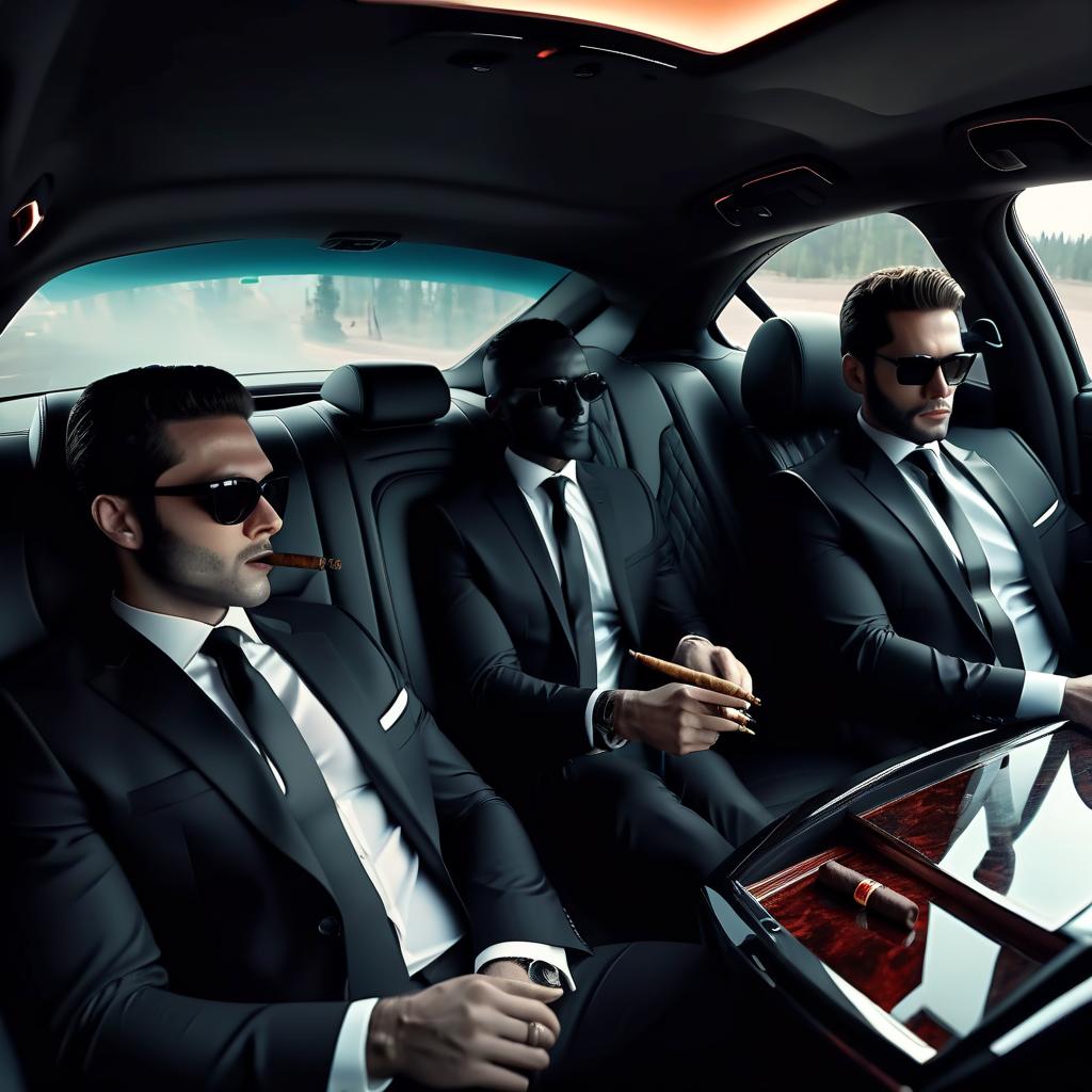  killers in black suits sit in the cabin of a luxury car with tinted glass in the rear seats and smoke cigars, a view from the front seats