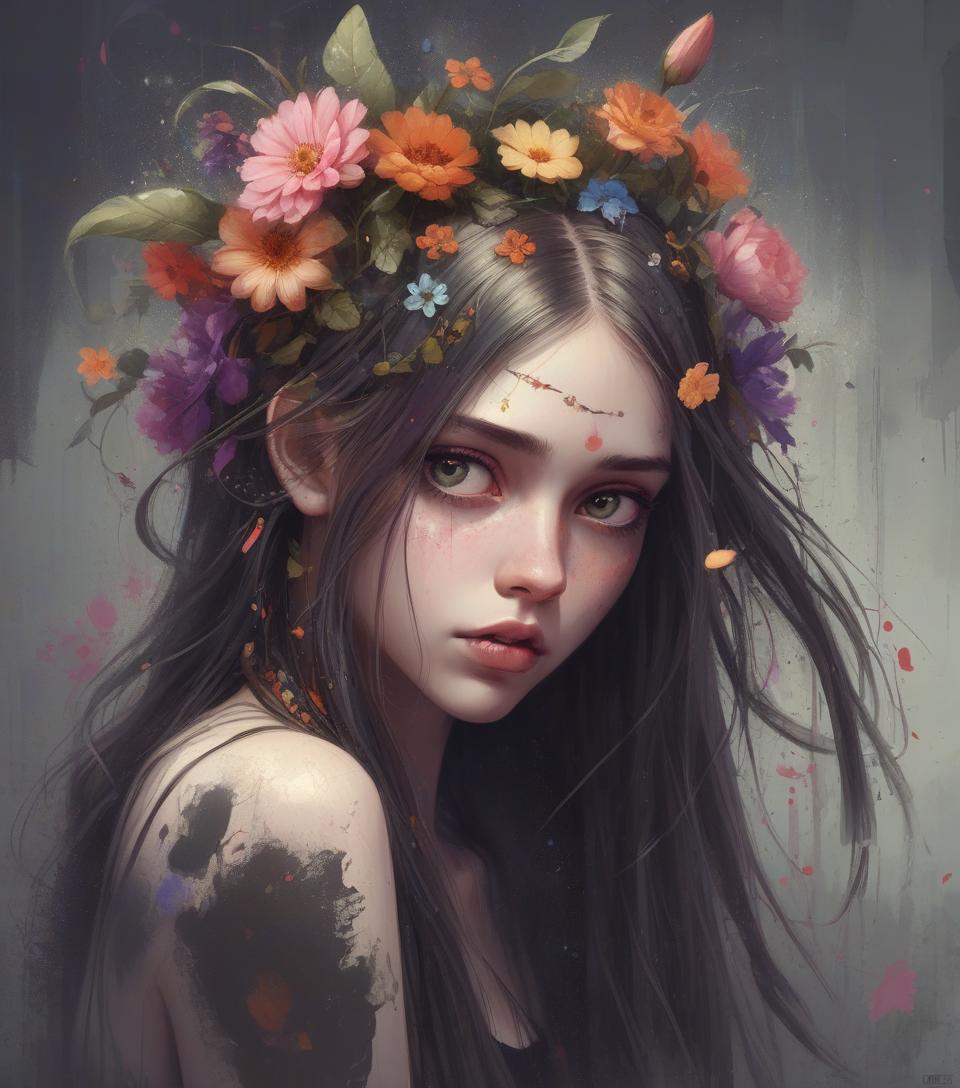  grunge style a girl with long hair and flowers in her hair, beautiful character painting, beautiful digital art, beautiful digital artwork, beautiful digital illustration, gorgeous digital art, beautiful digital painting, beautiful fantasy art portrait, fantasy art style, exquisite digital illustration, beautiful gorgeous digital art, gorgeous digital painting, very beautiful digital art, rossdraws digital painting, extremely detailed artgerm . textured, distressed, vintage, edgy, punk rock vibe, dirty, noisy