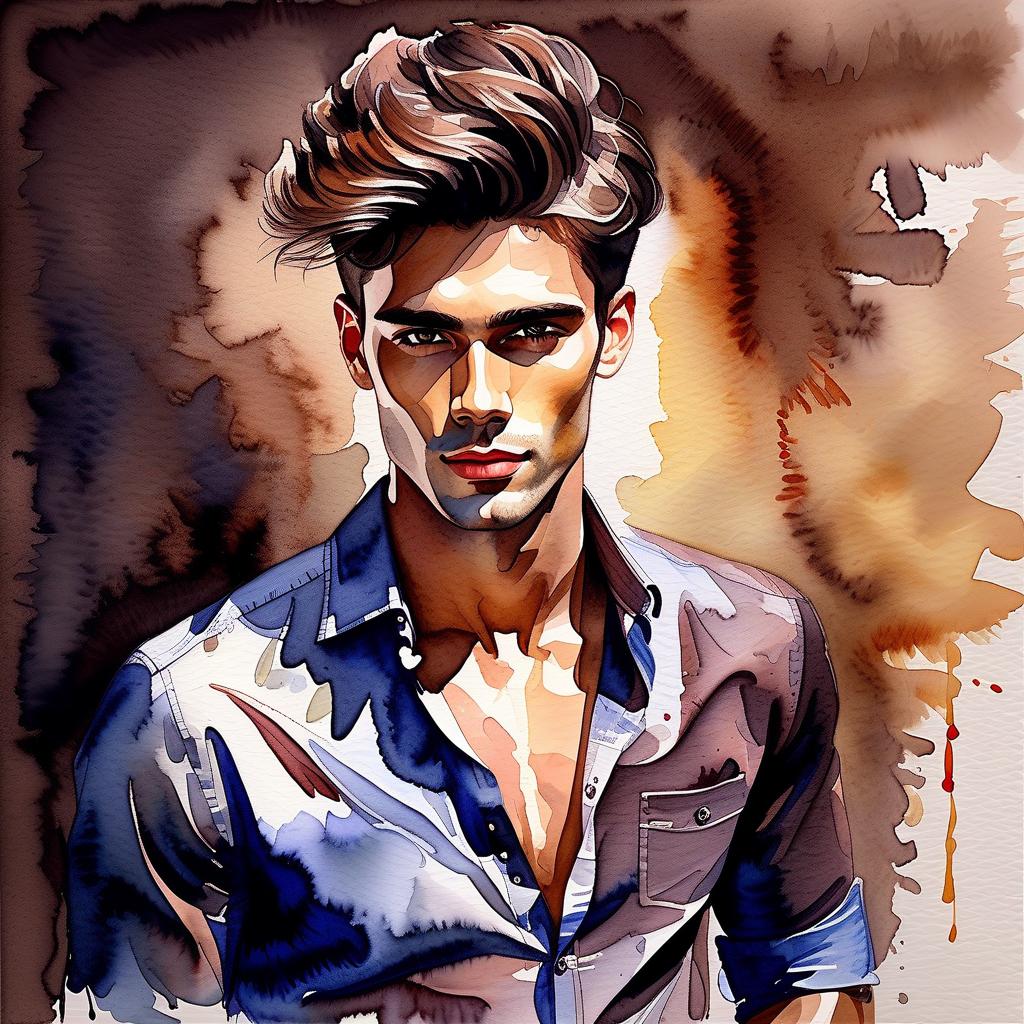  watercolor painting handsome guy, in a shirt, model, beautiful hairstyle, waist length, on a dark brown background . vibrant, beautiful, painterly, detailed, textural, artistic