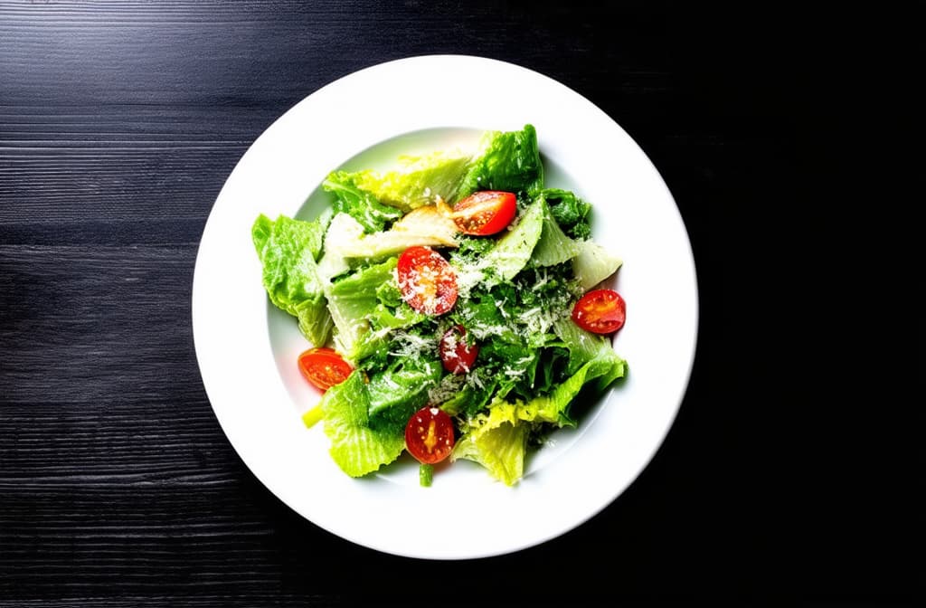  fresh caesar salad in white plate on dark wooden table. top view. ar 3:2 {prompt}, maximum details