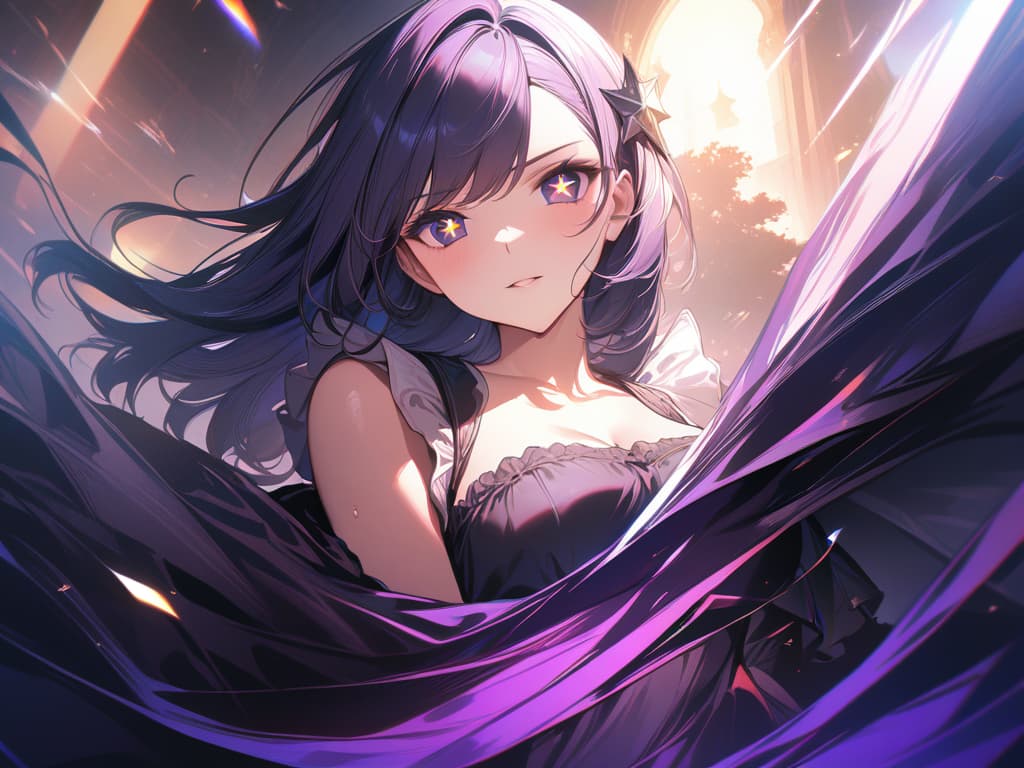  (masterpiece,top quality,high resolution,ultra detailed,ultra high definition,precise,high detail,very detailed,ultra fine illustration,hd,8k,16k:1.5),very detailed face and eyes,sweaty,grinning,singing on state,shiny deep purple hair,streaked long hair,intricate white and pink dress,white ribbon,slender,random angle,stylish pose,sharp focus,best quality backlights,clear line,high contrast,colorful,(star shaped pupils.star shaped highlights in the eyes:1.6),detailed hair ornament,upper body,looking back hyperrealistic, full body, detailed clothing, highly detailed, cinematic lighting, stunningly beautiful, intricate, sharp focus, f/1. 8, 85mm, (centered image composition), (professionally color graded), ((bright soft diffused light)), volumetric fog, trending on instagram, trending on tumblr, HDR 4K, 8K