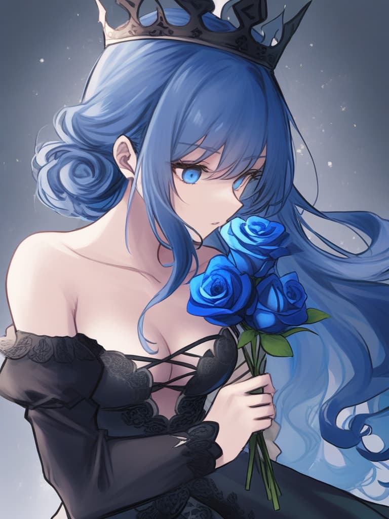  ((rose,blue rose,holding a blue rose,fantastical,long hair,blue hair,blue eyes,beautiful girl,queen,open chest,black dress,curly hair,mysterious))