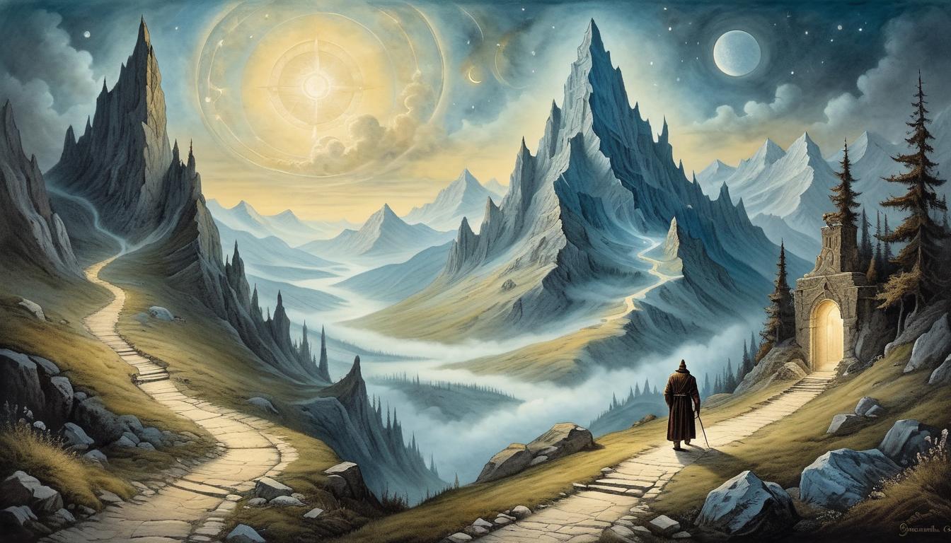  on parchment, surrealism+++, a mountain path illuminated by celestial light, a figure walking towards the summit, divine guidance, ascent(mysterious, provocative, symbolic,muted color)+++