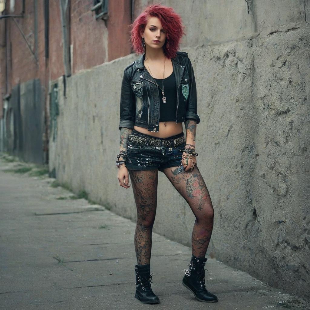  evening, ghetto courtyard, a girl similar to malena morgan, dressed in a mixture of subculture outfits such as punks, emo goths, hippies, hipsters, her hair is short and curly of an unusually bright color, she is photographed in full height, an epic image defying society, lots of accessories, tattoos, she poses with her hands in her pockets, her head slightly raised, her gaze confident and defiant, one leg bent at the knee and leaning against the wall behind her, (best quality: 1.3) for maximum detail and clarity, photorealism, professional photo, high detail, 16k, uhd, 1/ 8000 sec, iso 3200, perfect hands