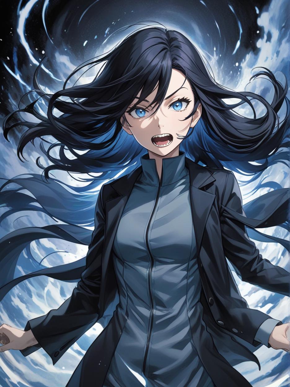  manga artwork a woman with large sharp teeth. sharp teeth. light blue eyes. it has long black hair that flows freely, giving it a mysterious and imposing air. he wears a long black coat with wavy edges, which appear to be in constant motion, adding a sense of dynamism to his appearance. the coat is open at the front, revealing a fitted black outfit underneath, which highlights her slender and athletic figure. the background is a solid black, with an aura like circle framing the character's head, enhancing his silhouette and giving him an almost otherworldly look. hyper realistic atmospheres, detail, 8k. manga artist. manga, highly emotional. best quality, high resolution