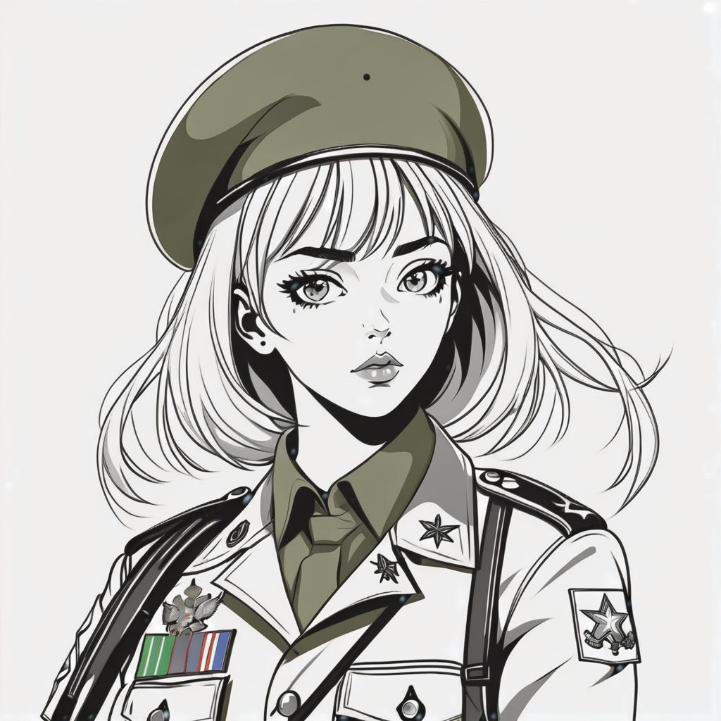  line art drawing russian army girl in beret, same nightmare. anime style . professional, sleek, modern, minimalist, graphic, line art, vector graphics