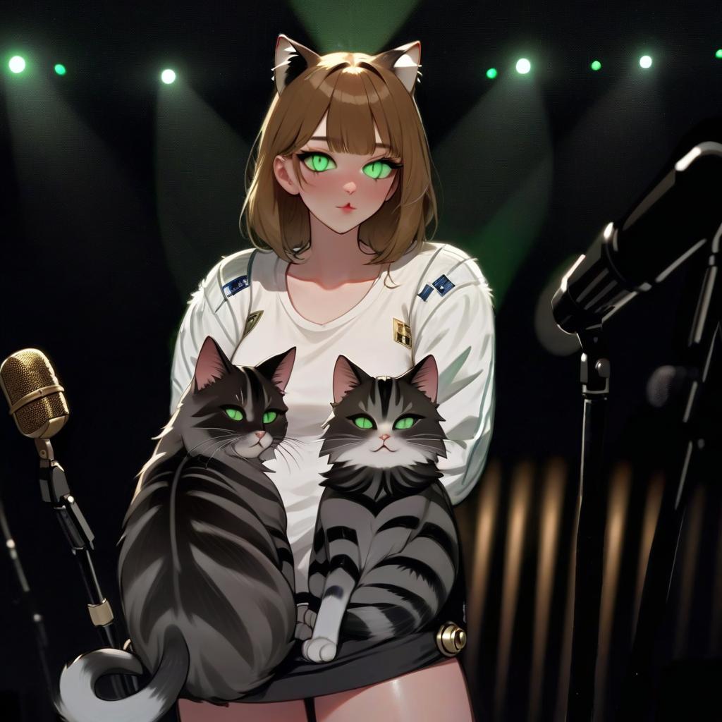  girl with dark green eyes, two furry striped cats, space, spotlights, view from the stage, microphone, music, royal grace