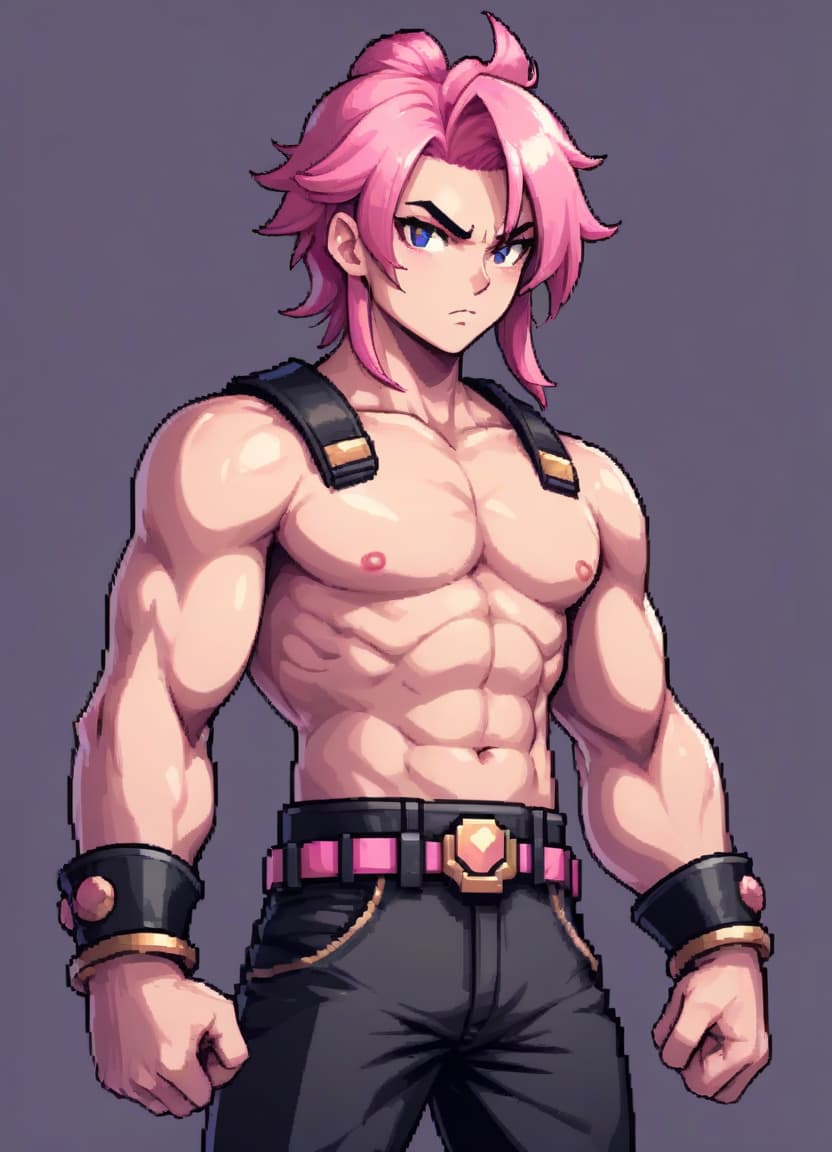  pixel art a fist warrior with a bare torso and pink hair with a ponytail stands and prepares for battle, looks into the frame, portrait, anime pixel style, handsome and in black pants . low res, blocky, pixel art style, 8 bit graphics