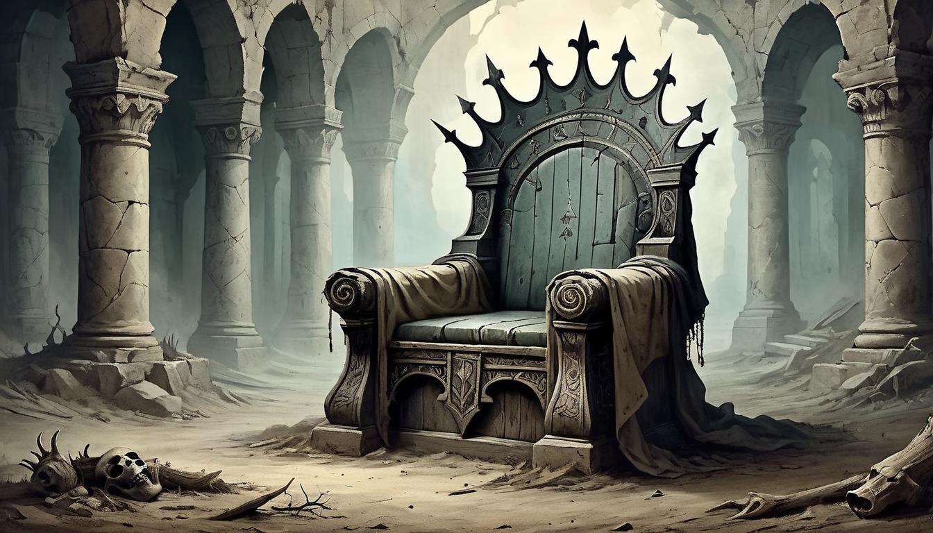  on parchment, surrealism+++, a dull, hollow crown lying on an abandoned, weathered throne, lost power, remnants of former glory, deserted ambiance(mysterious, provocative, symbolic,muted color)+++