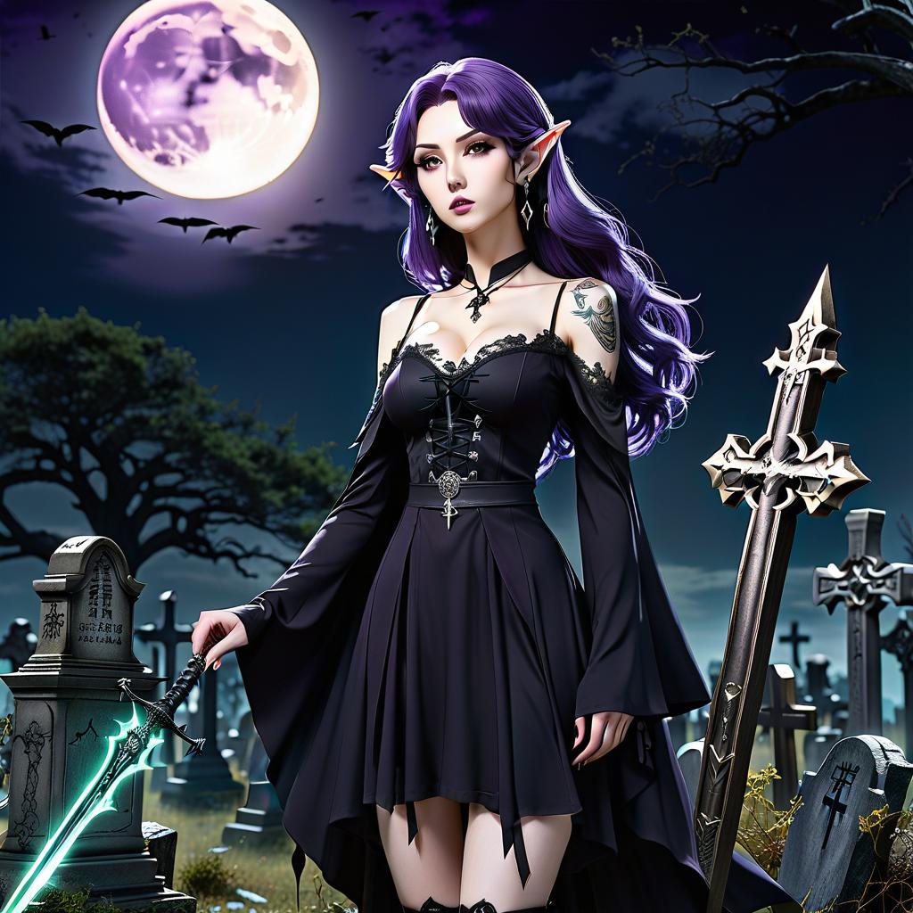  anime artwork full body, very young elf necromancer, pale skin, slender, thin, athletic, extremely thin waist, very long dark purple wavy hair,mive cross earrings, tattoo, open shoulders, black very short dress, soled boots, lace stockings, long cloak, necromancer staff, curved dagger, floating book, old abandoned graveyard, many tombstones, crosses, graves, dead trees, crows, full moon, moonlit night, ghosts, dead knights . anime style, key visual, vint, studio anime, highly detailed, hkmagic hyperrealistic, full body, detailed clothing, highly detailed, cinematic lighting, stunningly beautiful, intricate, sharp focus, f/1. 8, 85mm, (centered image composition), (professionally color graded), ((bright soft diffused light)), volumetric fog, trending on instagram, trending on tumblr, HDR 4K, 8K