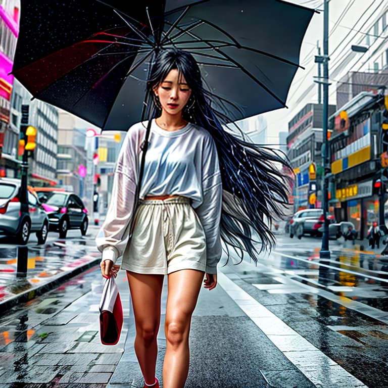  the street boy walking with an umbrella has a lonely back, and it's raining heavily. the girl with long hair is crying and watching the boy leave, while the girl is drenched in the rain hyperrealistic, full body, detailed clothing, highly detailed, cinematic lighting, stunningly beautiful, intricate, sharp focus, f/1. 8, 85mm, (centered image composition), (professionally color graded), ((bright soft diffused light)), volumetric fog, trending on instagram, trending on tumblr, HDR 4K, 8K