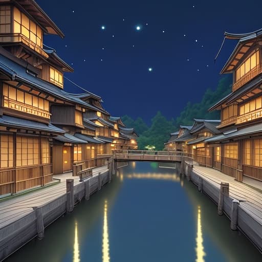  Create a beautiful studio Ghibli style night view of a small japanese town