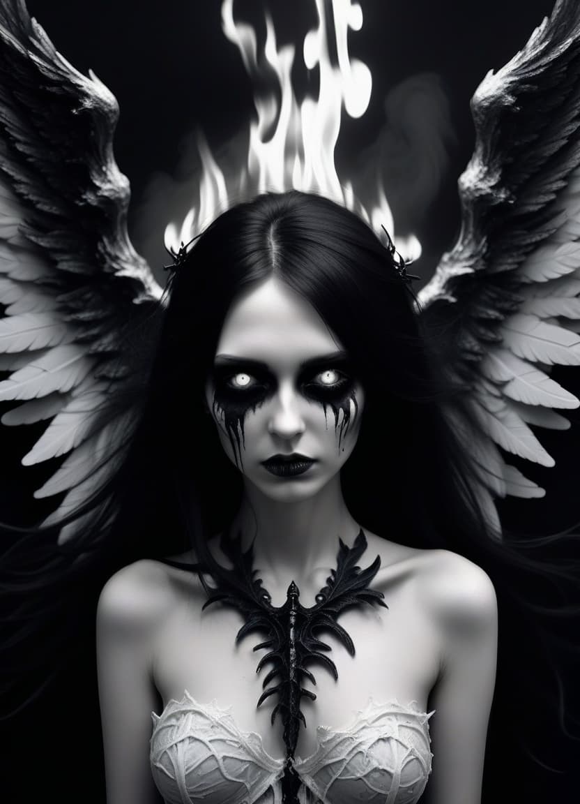  macabre style make her a fallen angel, she grows wings engulfed in black and white fire . dark, gothic, grim, haunting, highly detailed