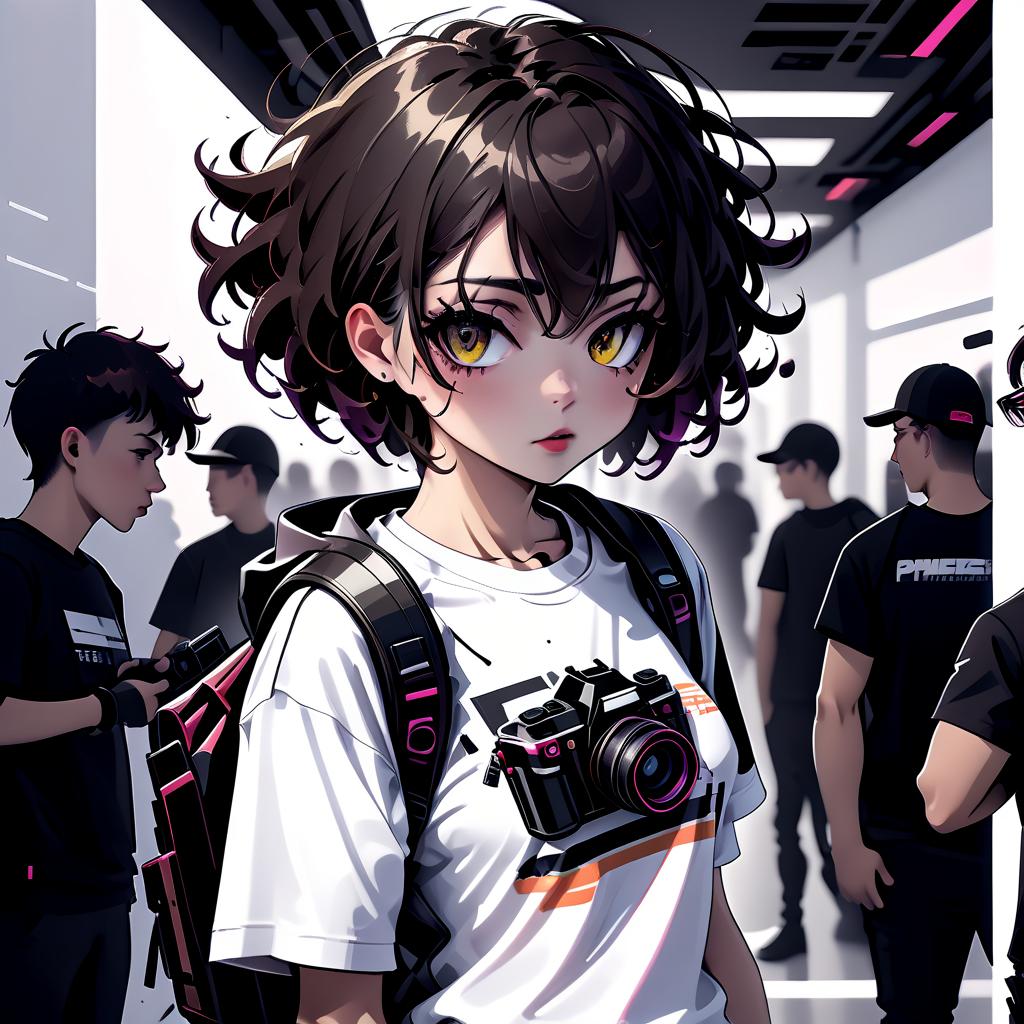  techwear fashion in the foreground, an adult girl with short curly dark hair holds a camera in her hands, she is wearing a sports t shirt, white walls in the background, photos weigh on white walls, many people . futuristic, cyberpunk, urban, tactical, sleek, dark, highly detailed, t shirt design, sticker