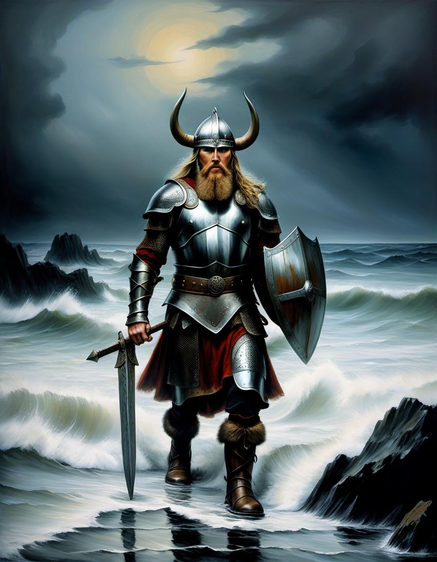  oil painting, oil a viking in armor and boots emerges from the sea, the background of the sea shore and drakkar is painted with acrylic, darkening with ink, simple, clean, uncluttered, modern, elegant, t shirt design