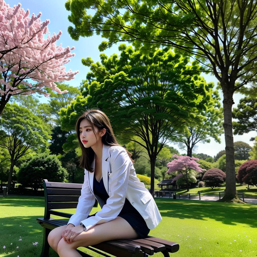  masterpiece, high quality, 4K, HDR BREAK A young high with light brown hair, wearing a white and a navy blue . She is sitting on a bench in a peaceful park, surrounded by lush greenery and cherry blossom trees. BREAK A young high with light brown hair BREAK white , navy blue BREAK sitting on a bench, peaceful pose BREAK park setting, cherry blossom trees, lush greenery hyperrealistic, full body, detailed clothing, highly detailed, cinematic lighting, stunningly beautiful, intricate, sharp focus, f/1. 8, 85mm, (centered image composition), (professionally color graded), ((bright soft diffused light)), volumetric fog, trending on instagram, trending on tumblr, HDR 4K, 8K