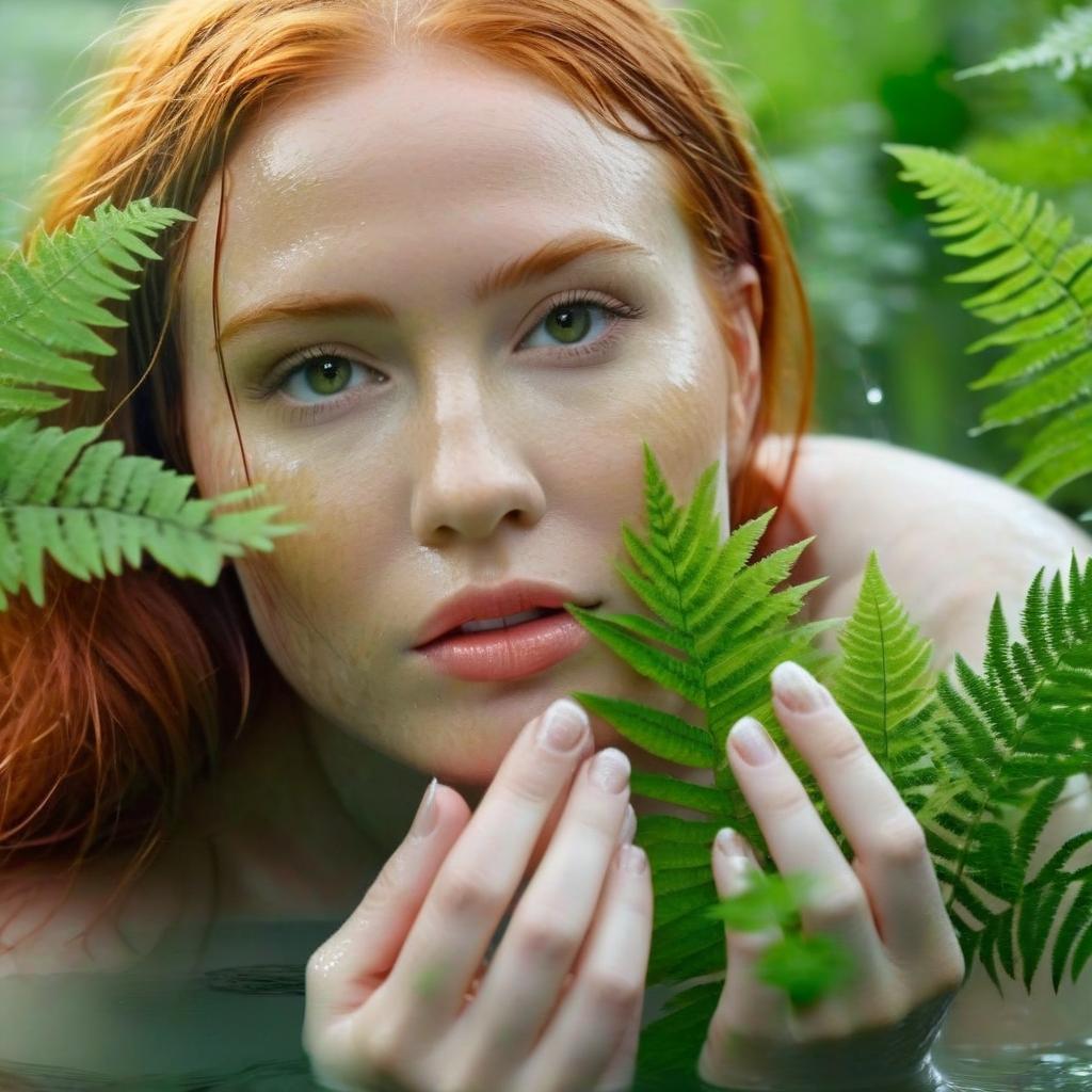  a red haired girl washes her face among ferns, water in her palms, light background, ultrarealistic, soft lighting, 8k, perfecteyes, perfect hands