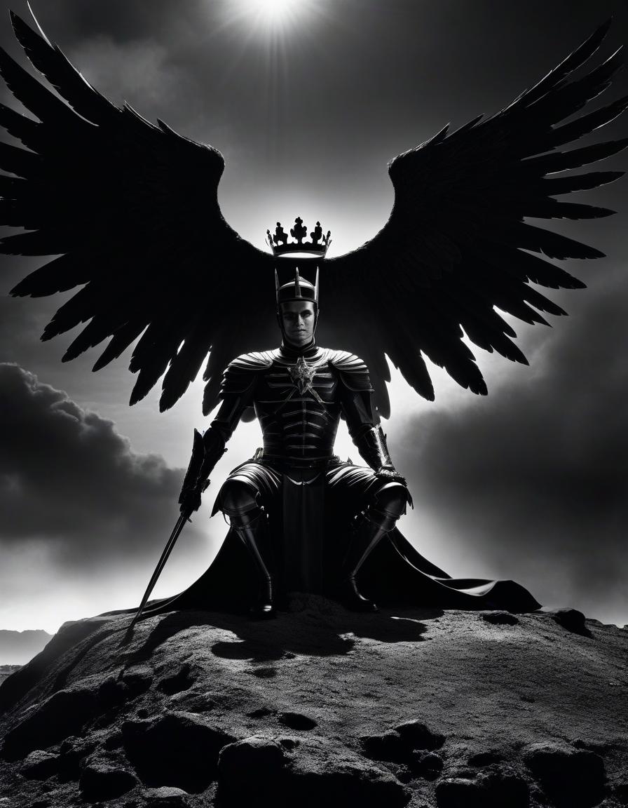  film noir style lucifer is on his knees, skeletal wings, with white skin, in black armor and a crown, looking at the sky, crying fire, fiery tears, standing on a rock, around wasteland, fiery sky. . monochrome, high contrast, dramatic shadows, 1940s style, mysterious, cinematic