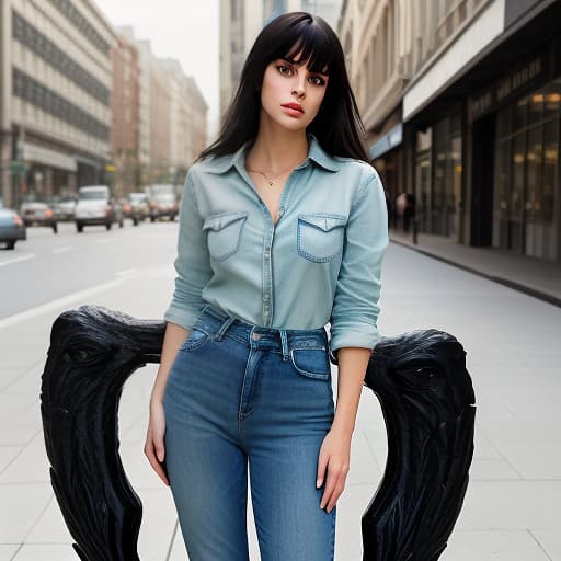  , black hair, hair, bangs on her side, tall, beautiful, light green eyes, stands, in the city, evening, summer, in blue jeans and topics, figurative, large lips, oval face, figurehead