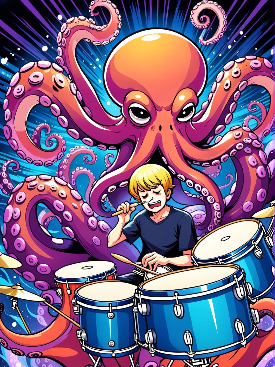  manga artwork octopus playing the drums high on lsd. manga artist. manga, highly emotional. best quality, high resolution