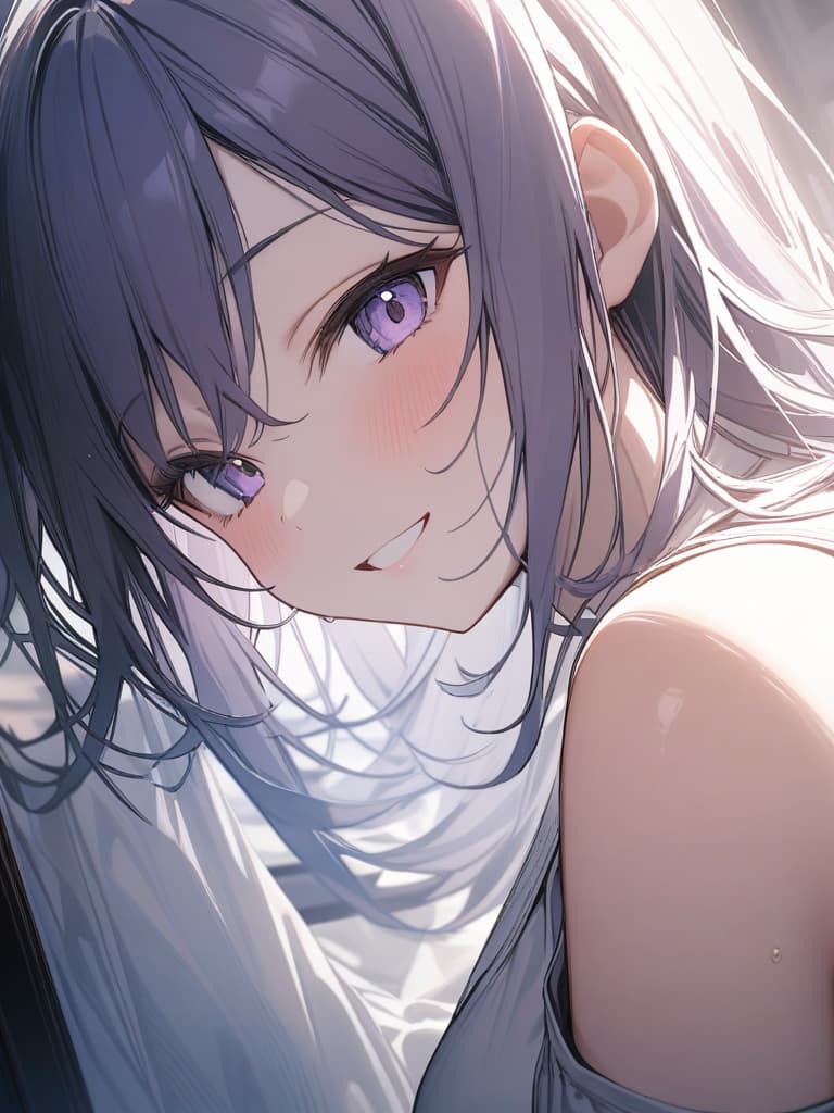  high angle shot,naughty smile,so cute,violet long hair,white off shoulder dress, masterpiece, best quality,8k,ultra detailed,high resolution,an extremely delicate and beautiful,hyper detail