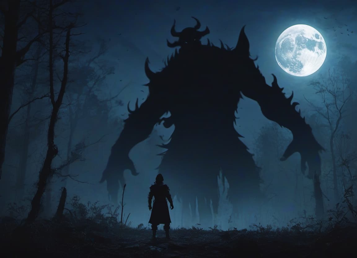  concept art the silhouette of the hero behind which a huge monster from the middle ages, the full moon and the forest . digital artwork, illustrative, painterly, matte painting, highly detailed, hkmagic