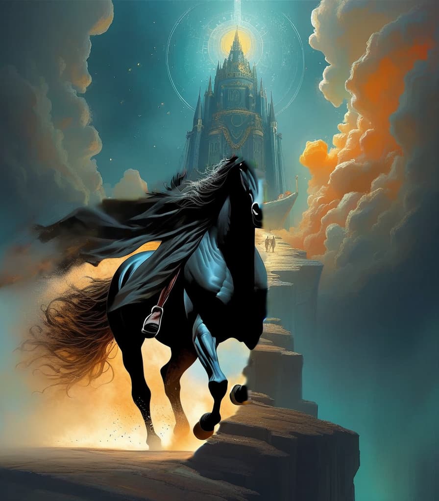  a dark rider in a hood with a fluttering cloak in smoke and dust, a rear view, the correct anatomy of a horse; journey is the only way the mind path will ever show itself through your heart into eternities bliss