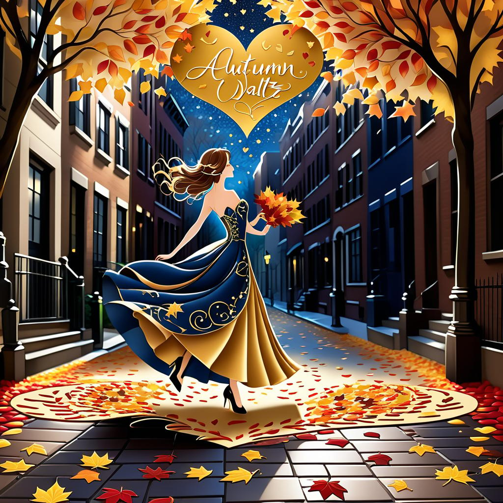  luxury product style on a carpet of yellow leaves in a simple dress of wind given crepe autumn danced a waltz boston in an alleyway. the warm day flew away and the saxophone sang hoarsely. (background of the card): falling autumn leaves, a whirlwind of autumn leaves, wind saxophone, ((a box of chocolates, the inscription "autumn waltz")) , a greeting card. (heart), a beautiful figure made of contours in the shape of a heart. (heart colour): night sky background, stars, gold pattern. (style):fantasy, autumn art, autumn romance. (colours):gold, green gold, navy blue, red, red gold, brown gold, silver, golden blue, bluish blue, dark blue on gold . elegant, sophisticated, high end, luxurious, professional, highly detailed