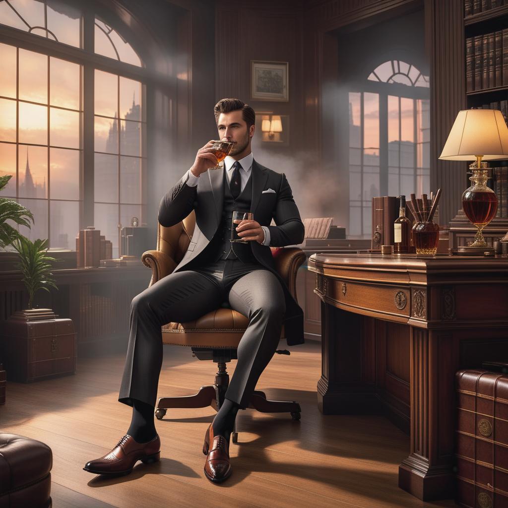  a drunk young handsome suited teacher who wears black sheer otc socks,fine suit,fine leather shoes,fine suit pants.he sits inside his office,drinking whiskey,clearly drunk,stroking his big cock, ((realistic)) hyperrealistic, full body, detailed clothing, highly detailed, cinematic lighting, stunningly beautiful, intricate, sharp focus, f/1. 8, 85mm, (centered image composition), (professionally color graded), ((bright soft diffused light)), volumetric fog, trending on instagram, trending on tumblr, HDR 4K, 8K