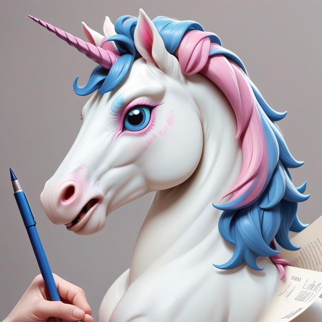  illustration, white unicorn with blue and pink mane, holding a stack of papers and a pen with an inspired expression on its face, sticker