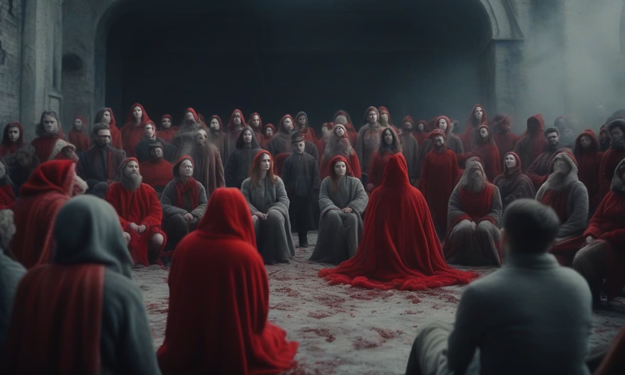  cinematic film still mlad's opera, after the apocalypse, many kneeling people with outstretched arms in slavic robes in red and grey tones . shallow depth of field, vignette, highly detailed, high budget, bokeh, cinemascope, moody, epic, gorgeous, film grain, grainy