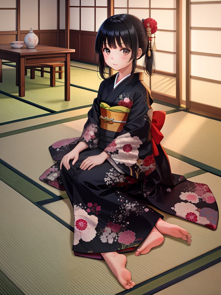  masterpiece,japanese room,tatami,kimono,little girl,black hair,young,sitting on the floor,realistic,quality,8k