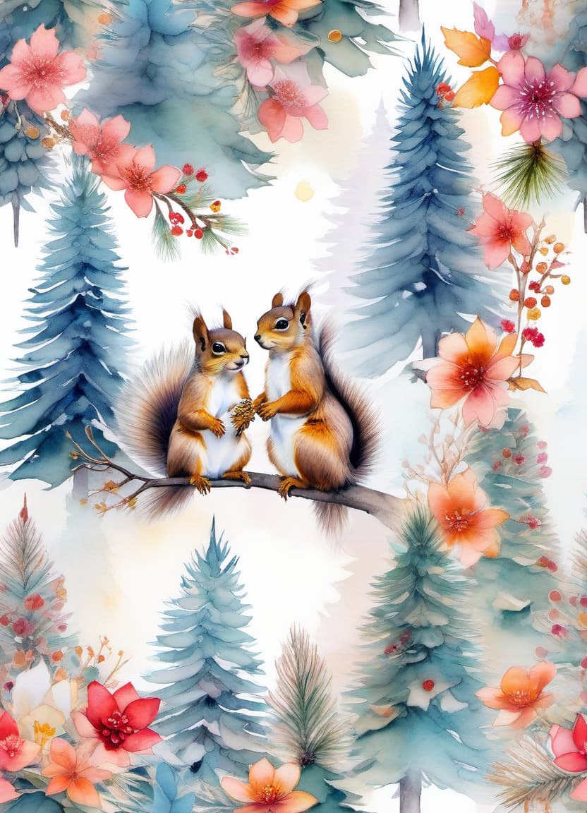  fairy tale christmas trees with cones, squirrels in a kimono, (double exposure: 1.4). (soft textured paper). alcohol ink of (bright) flowers. the incompleteness effect. tenderness of watercolors, winter, delicate colors. thin white lines. emotion. light relief pattern. . magical, fantastical, enchanting, storybook style, highly detailed