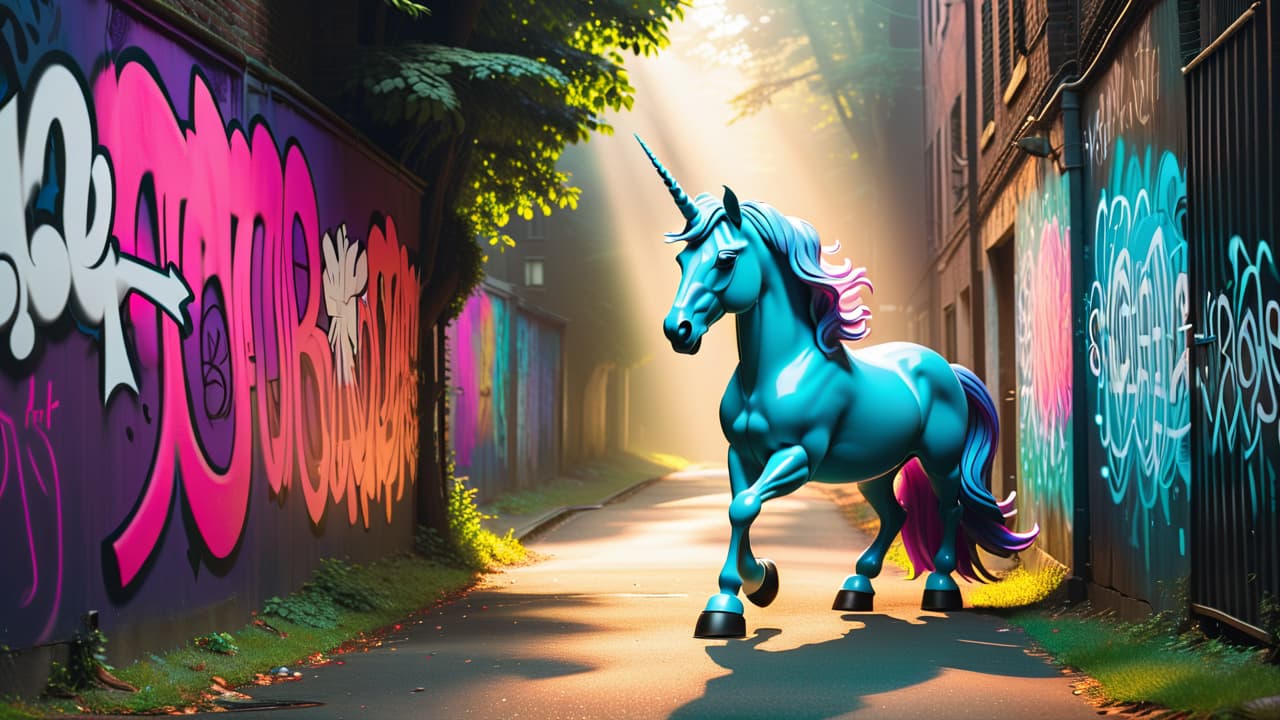  a serene forest scene depicting a mythical creature, like a unicorn, surrounded by ethereal light, contrasted with an urban alley showcasing graffiti and a shadowy figure, representing an urban legend. hyperrealistic, full body, detailed clothing, highly detailed, cinematic lighting, stunningly beautiful, intricate, sharp focus, f/1. 8, 85mm, (centered image composition), (professionally color graded), ((bright soft diffused light)), volumetric fog, trending on instagram, trending on tumblr, HDR 4K, 8K