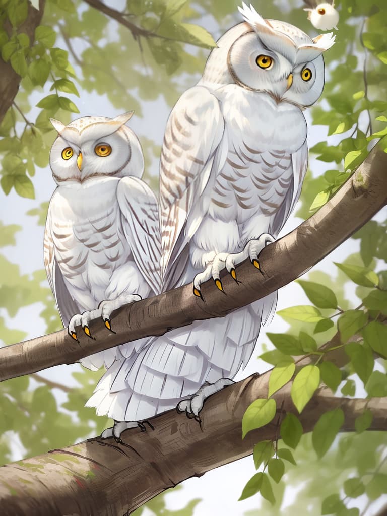  ((pure white owl:1.4,bubo scandiacus:1.4)),staying on a branch of a large tree,bubo scandiacus close up,blur effect: background,