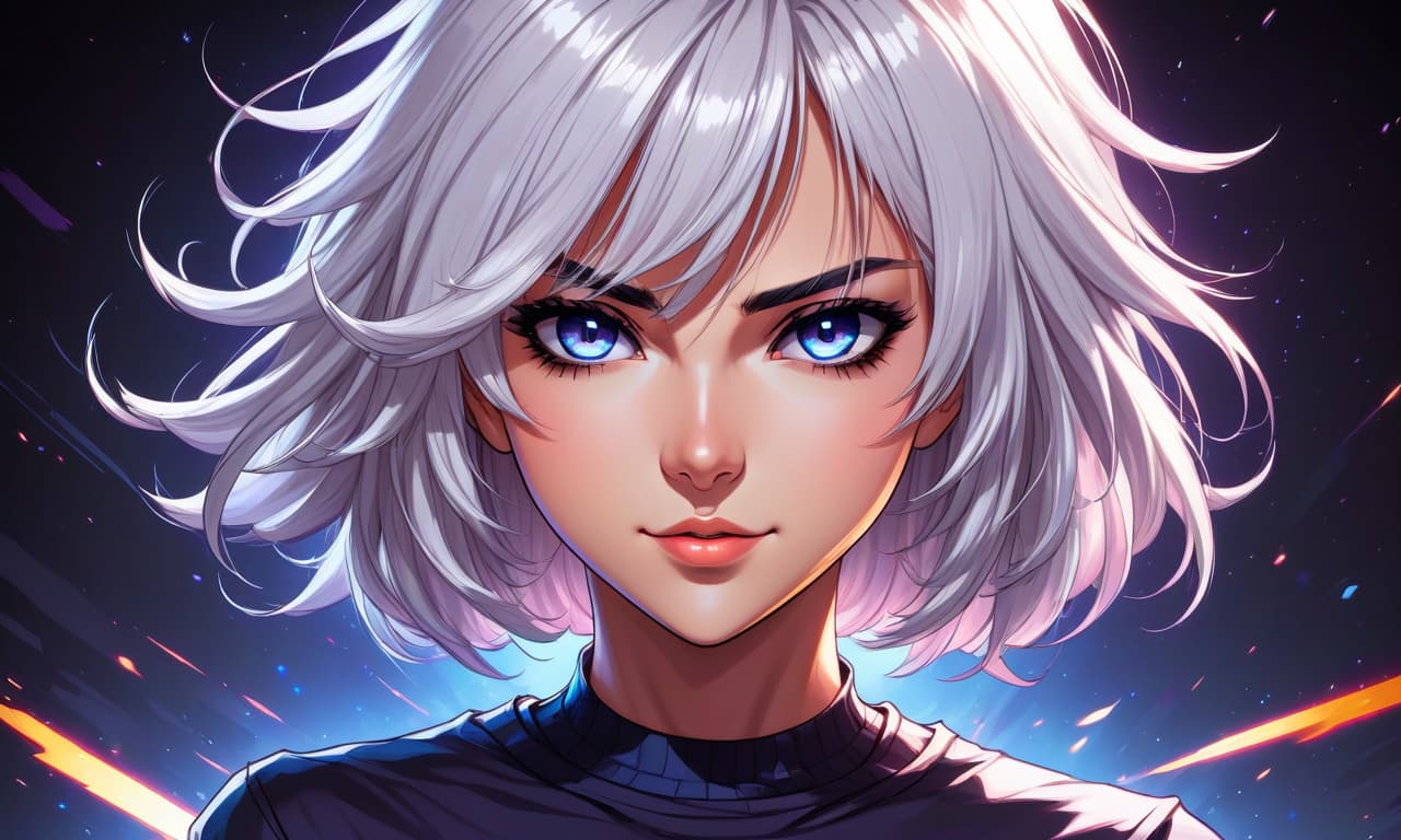  retro game art portrait , beautiful anime girl, with white hair, beautiful eyes, tight t shirt , short haircut , dark background . 16 bit, vibrant colors, pixelated, nostalgic, charming, fun