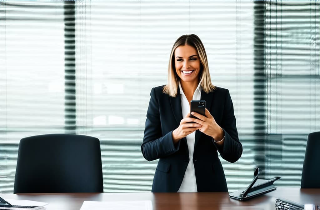  professional detailed photography, portrait of smiling businesswoman standing in open plan office. holding phone. minimalism style. happy female professional executive manager, financial banking or marketing data. ar 3:2, (muted colors, dim colors, soothing tones), (vsco:0.3)