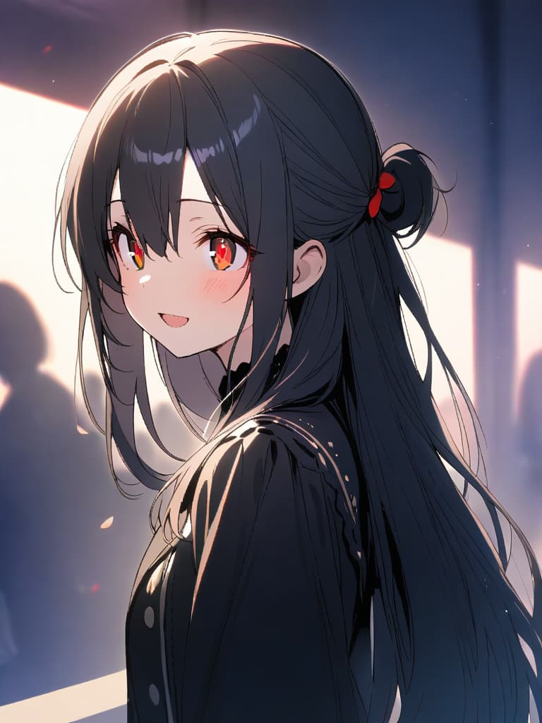  ultra detailed:1.2,masterpiece:1.2,best quality,masterpiece,bestquality,hdr:1.1,8k:1.1,very cute girl:1.3,((black hair,half up,long hair:1.9)),(short twintail:1.5),(red eyes,almond eyes:1.8),(cute smile:1.7),(harf open mouth:1.4),(upper body,from side:1.2)face focus:0.7,(black gothic lolita:1.6),looking away